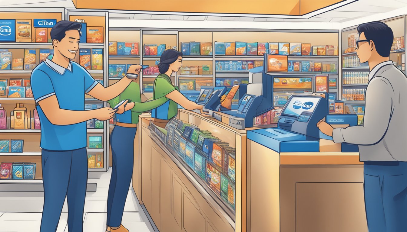 A person swiping a Citibank card at a retail store, with a display of various rewards items in the background