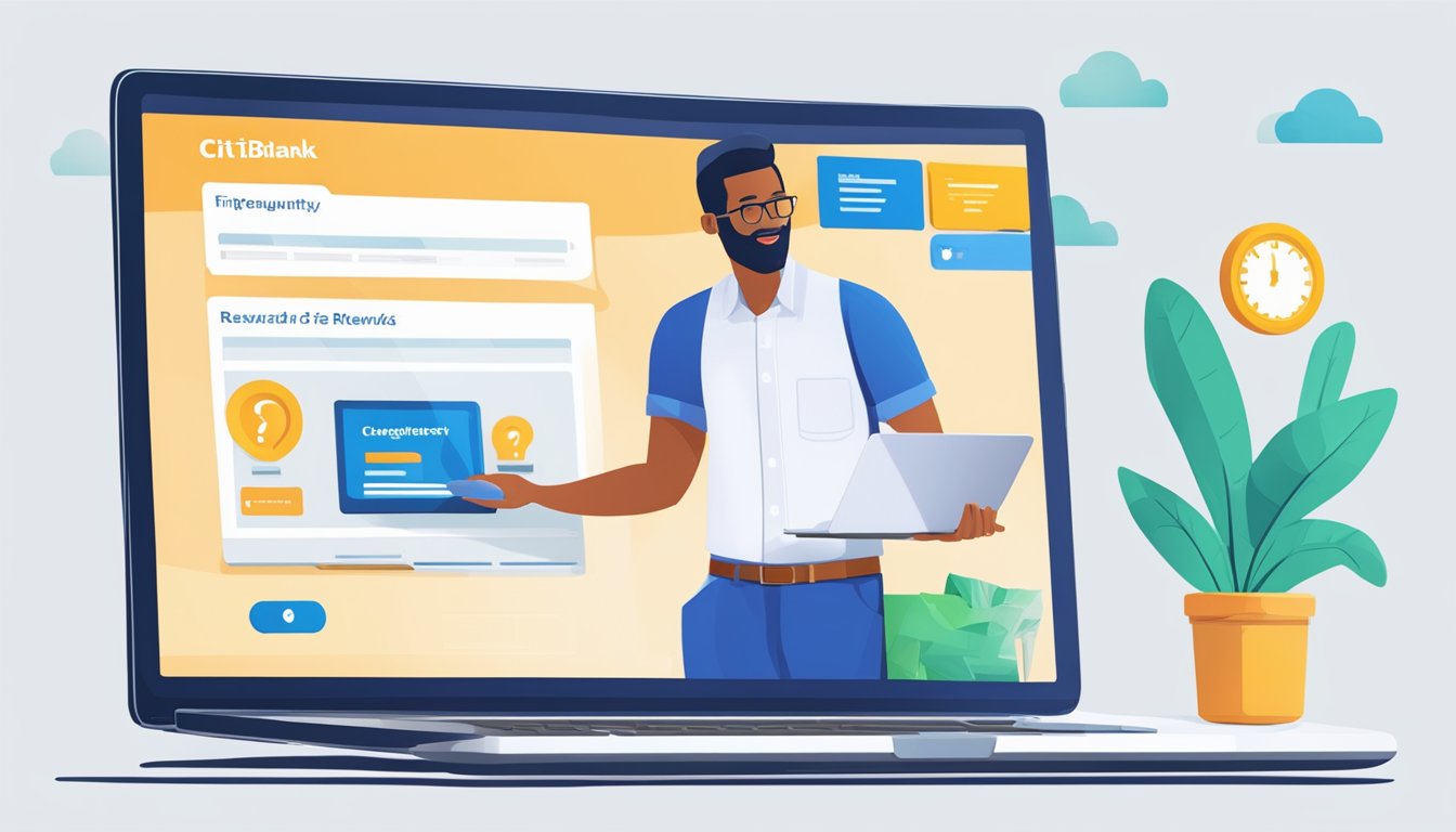A customer browsing Citibank's instant rewards redemption page on a laptop, with various reward options displayed and a "Frequently Asked Questions" section highlighted