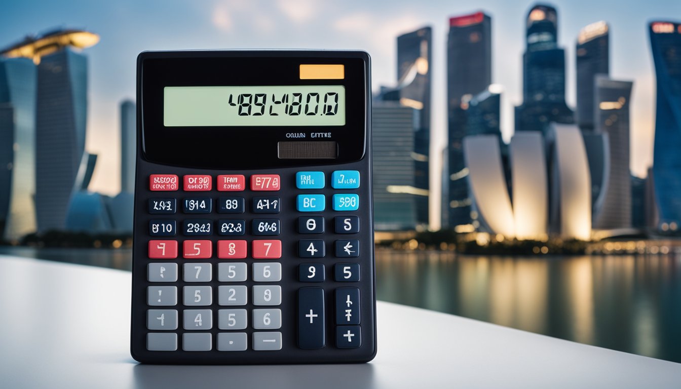 A calculator displaying the total cost of a personal loan with the effective and annual interest rates, set against a backdrop of the Singapore skyline