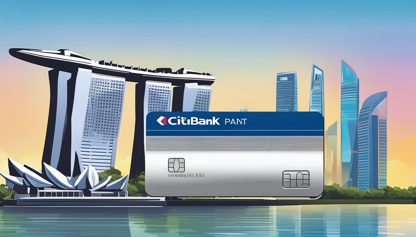 A sleek metal card with "Citibank" and "Exclusive Cardholder Privileges" against a backdrop of iconic Singapore landmarks