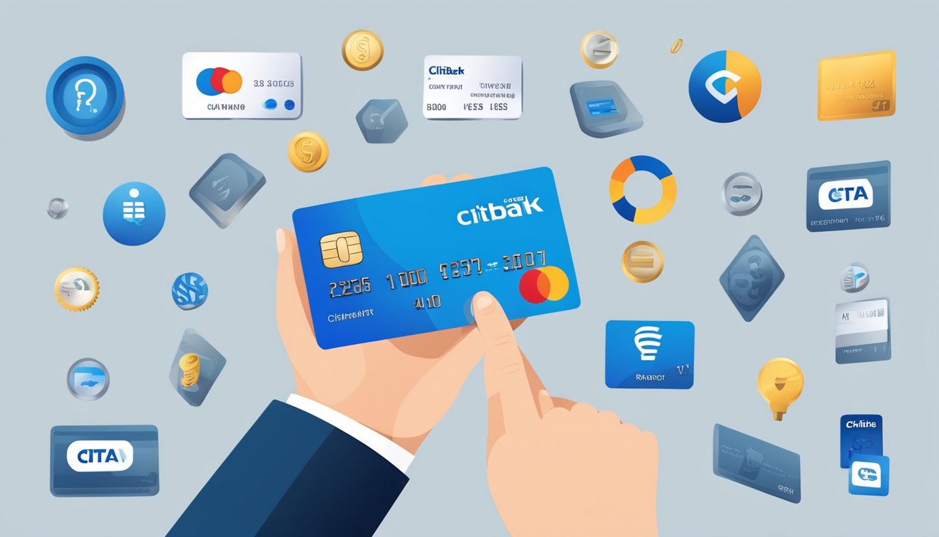 A hand holding a sleek metal Citibank card, surrounded by various payment options and rewards symbols