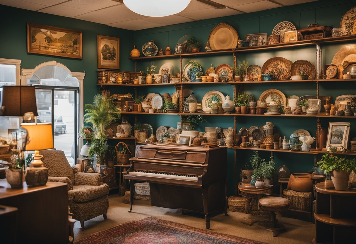 A cozy thrift store in Tulsa filled with vintage furniture, colorful rugs, and quirky home decor items. Shelves are stocked with unique knick-knacks and framed artwork, creating a warm and inviting atmosphere among best thrift stores in tulsa