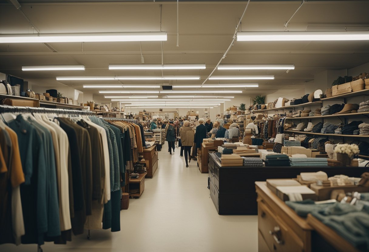 A bustling thrift store with rows of neatly organized clothing, shelves of vintage knick-knacks, and customers browsing through the eclectic selection