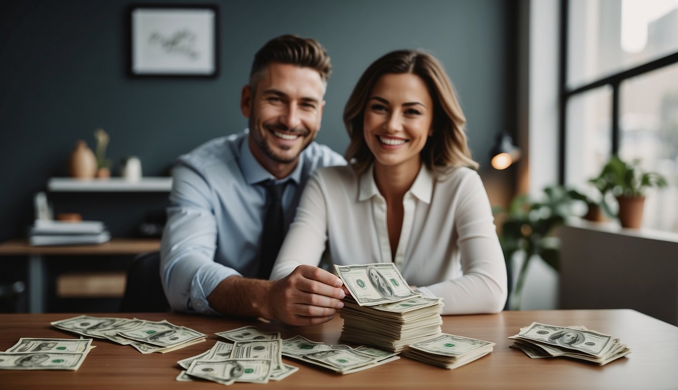 A stack of money sits on a table, surrounded by paperwork and a contract. A happy couple smiles in the background, symbolizing their success with a debt consolidation loan from a money lender
