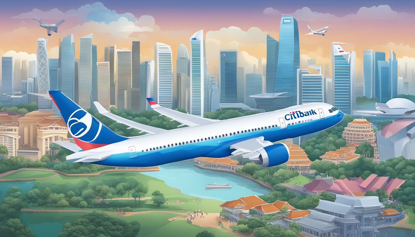 A Citibank card transforming into KrisFlyer miles, with Singapore landmarks in the background