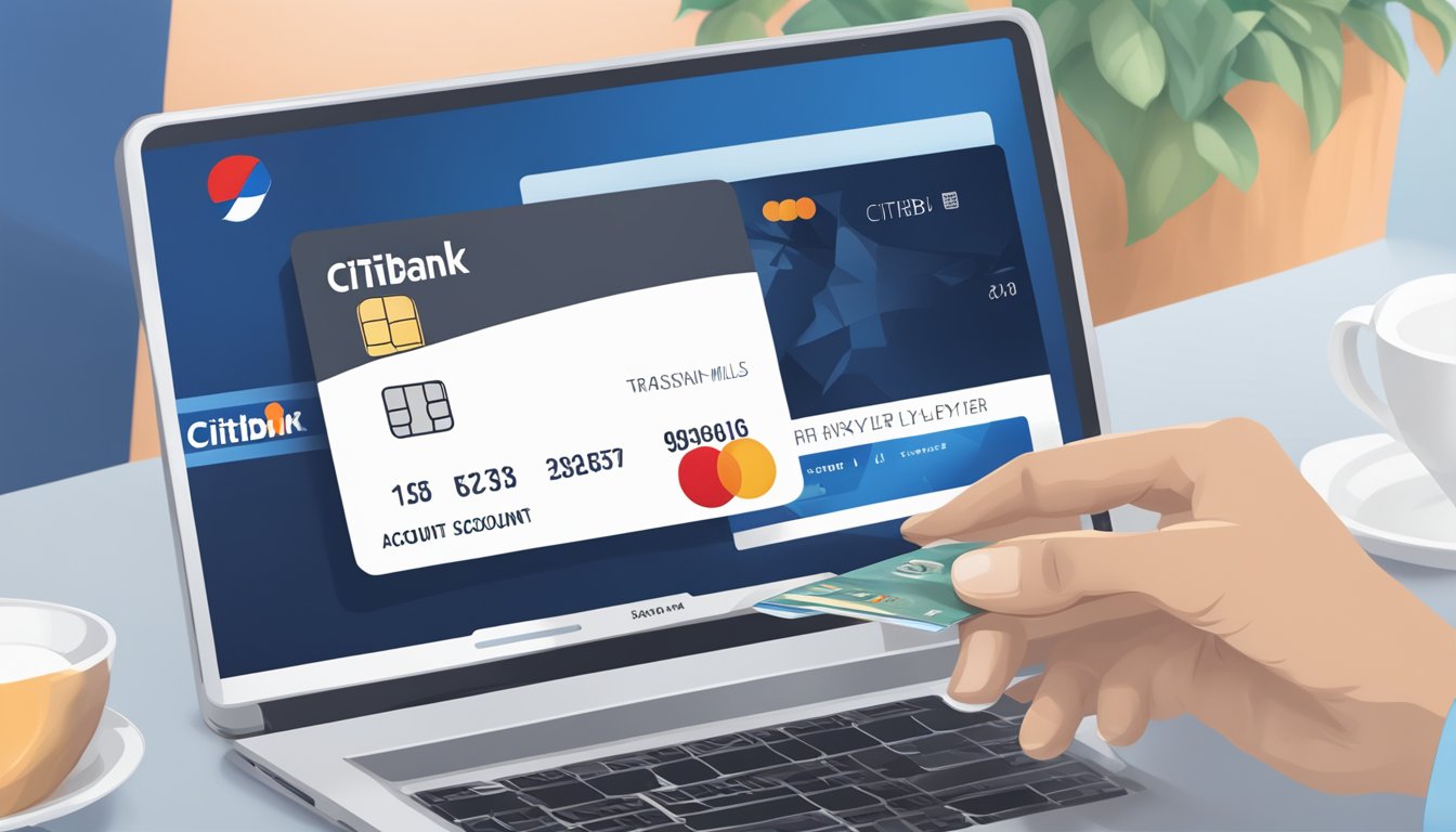A hand holding a Citibank card, transferring miles to KrisFlyer account on a computer screen. KrisFlyer logo visible