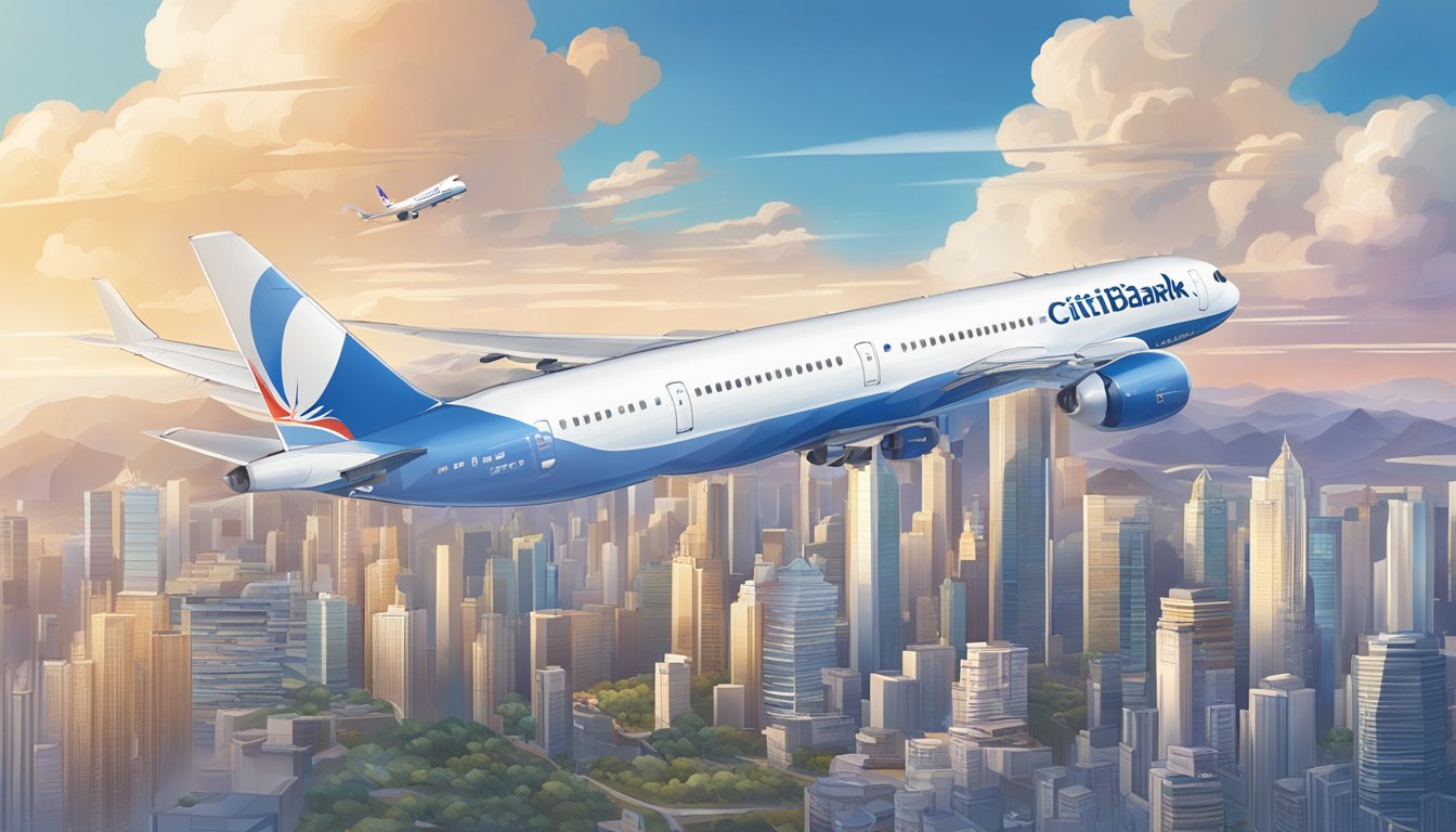 A plane flying over a city skyline with the Citibank and KrisFlyer logos prominently displayed