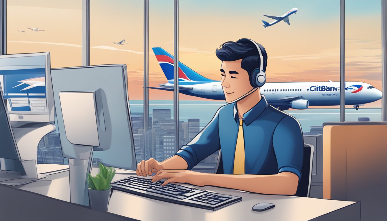 A person browsing a computer screen with the Citibank Miles to KrisFlyer Singapore FAQ page open, with a plane flying in the background