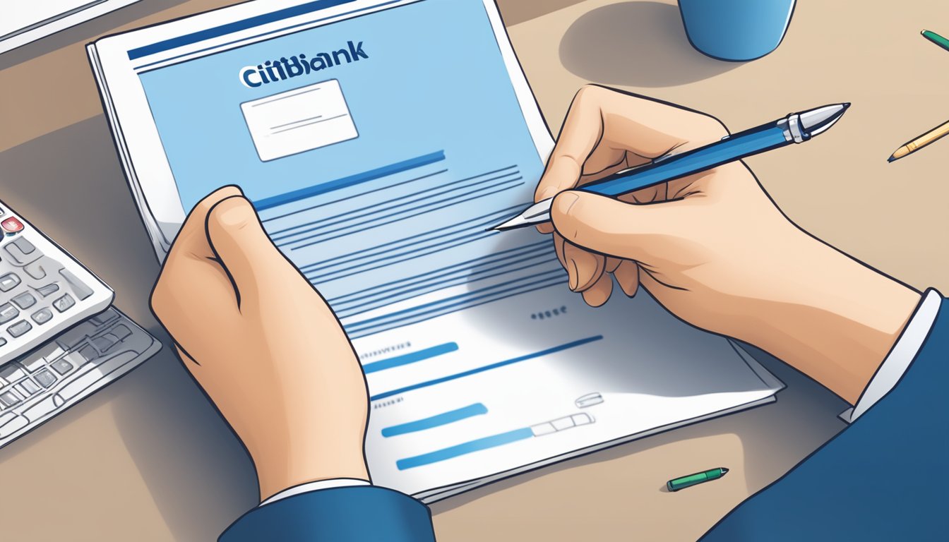 A person sitting at a desk, filling out a Citibank personal loan application form with a pen. The Citibank logo is visible on the form