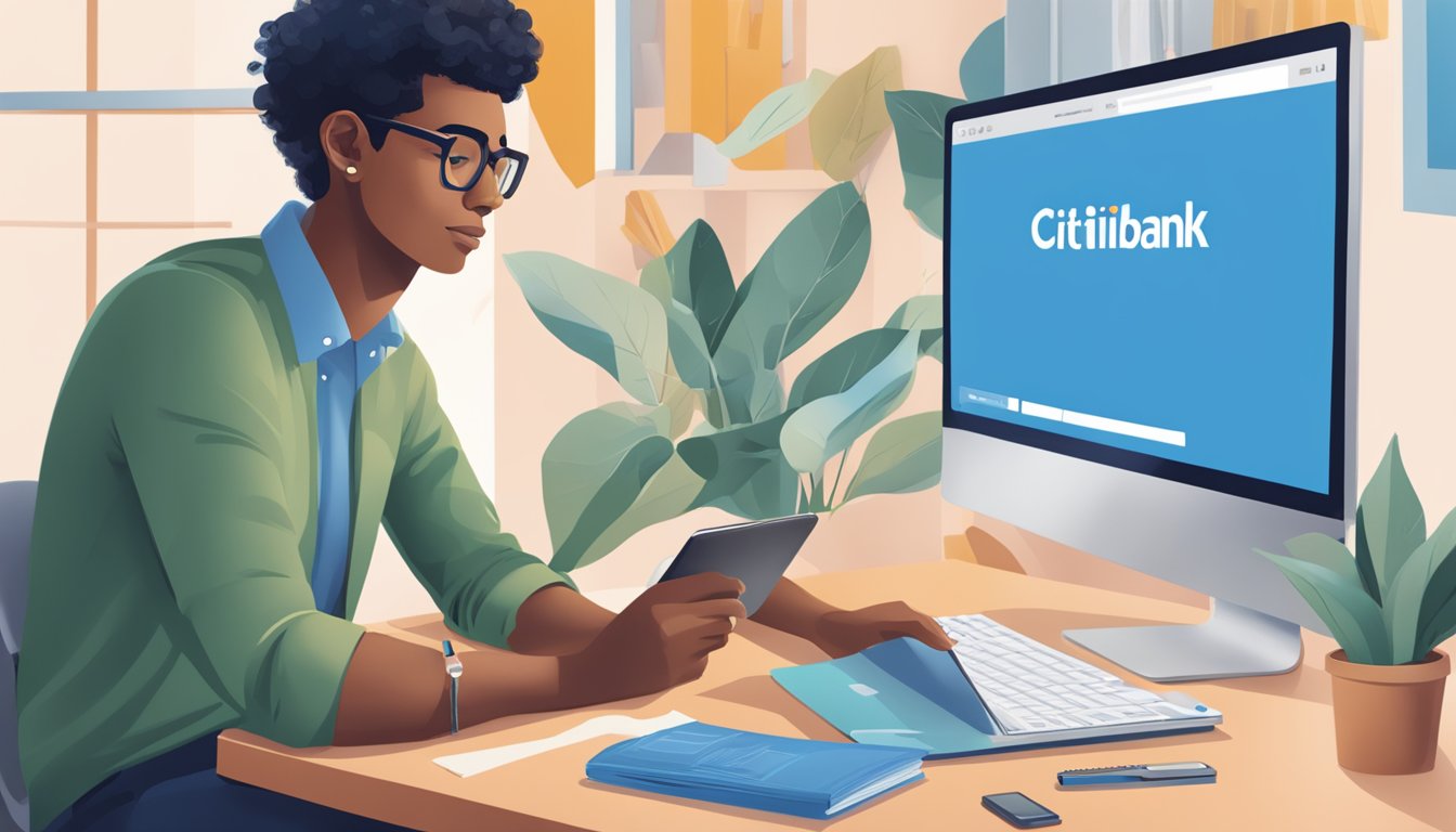 A person sitting at a desk, browsing through a laptop with the Citibank website open, while a pamphlet on personal loans lies nearby