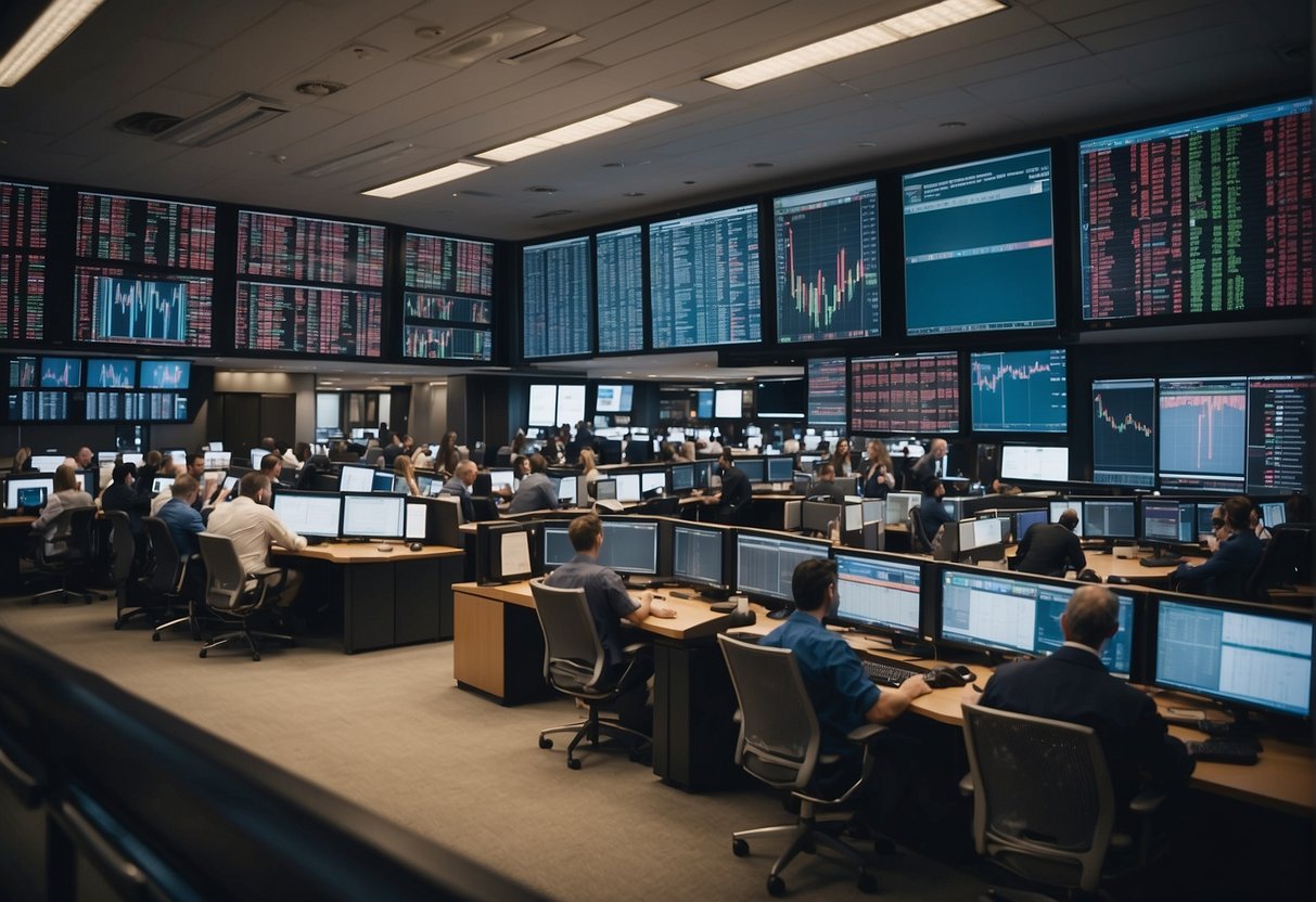 A bustling trading floor with traders gesturing and shouting, screens displaying stock prices, and a whiteboard listing the 20 most asked questions about stock trading