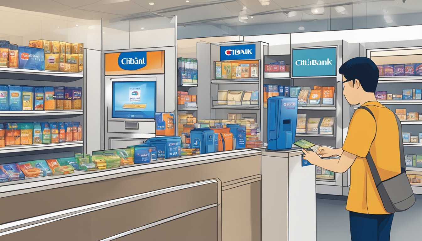A person swiping a Citibank card at a store, with a display of various products and a sign indicating "Points Redemption" in Singapore