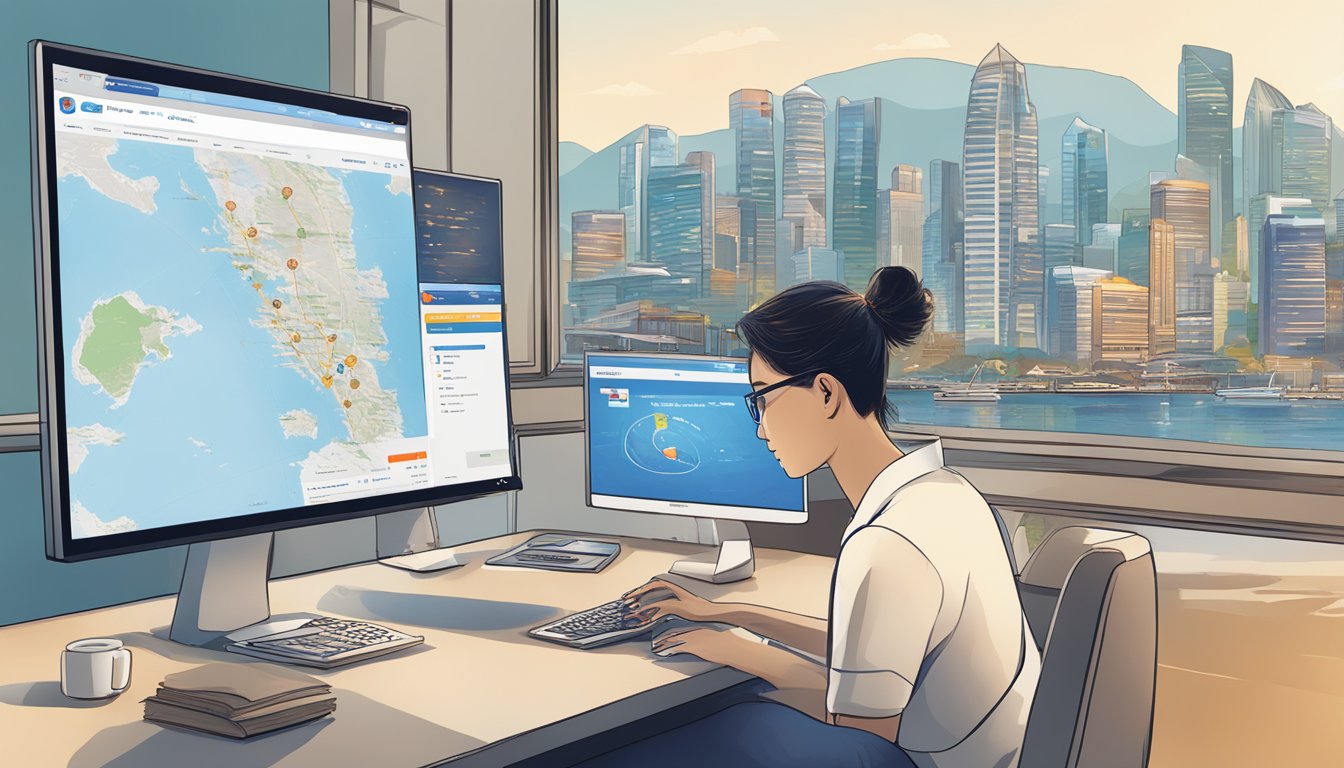 A person browsing through various reward redemption options on a computer screen, with the Citibank logo visible and a map of Singapore in the background