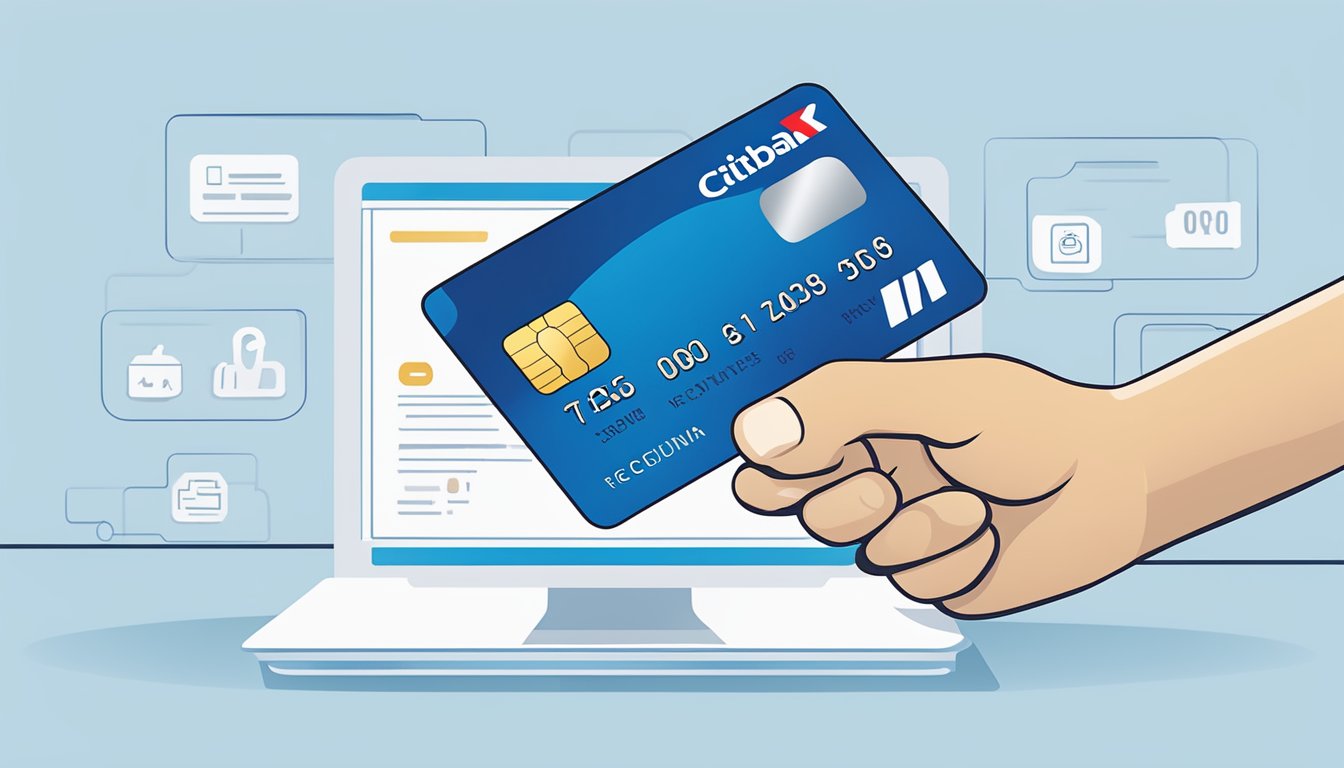 A hand holding a Citibank credit card, with a computer screen displaying the terms and conditions of points redemption in Singapore