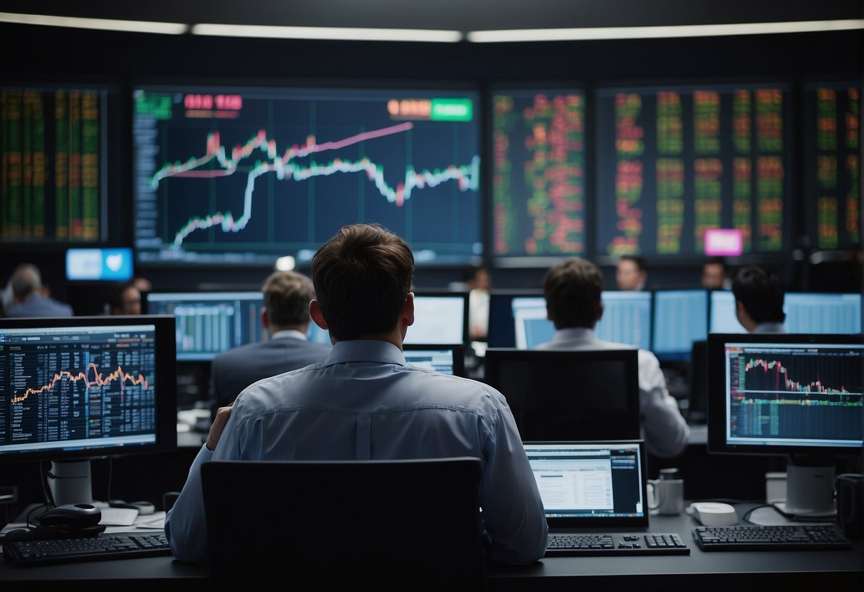 A bustling trading floor, with screens flashing stock prices and traders deep in conversation. Charts and graphs cover the walls, and a whiteboard displays the 20 most asked questions about stock trading