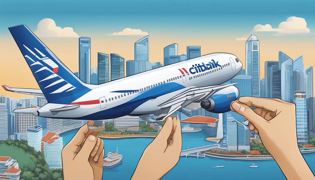 A Citibank card being swiped, with a plane and Singapore skyline in the background, converting points to KrisFlyer miles