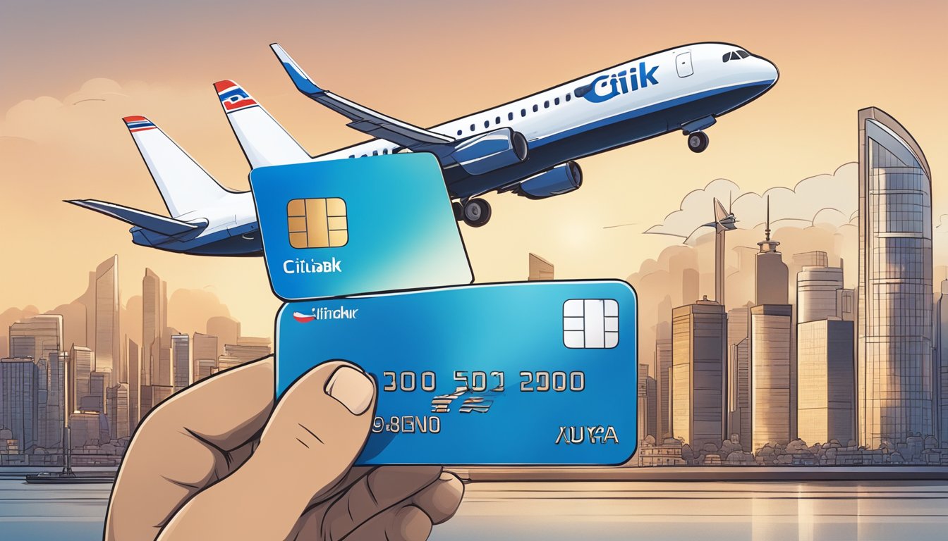 A hand holding a Citibank card, with a plane flying over a city skyline, and a KrisFlyer logo in the background