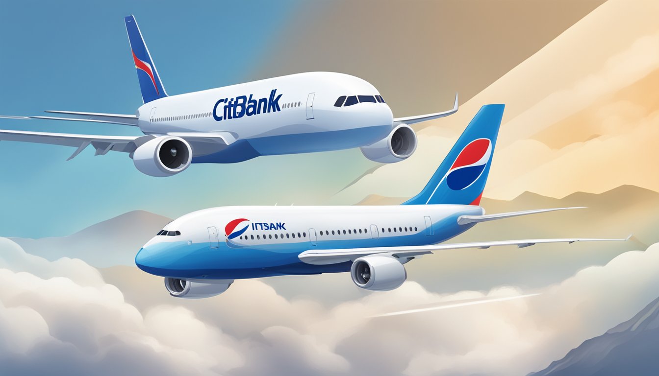 Citibank points convert to KrisFlyer miles. Citibank logo next to KrisFlyer logo with a plane flying between them