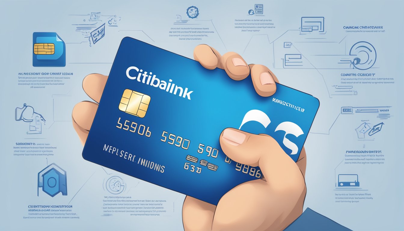 A hand holding a Citibank credit card with KrisFlyer logo, surrounded by terms and conditions text