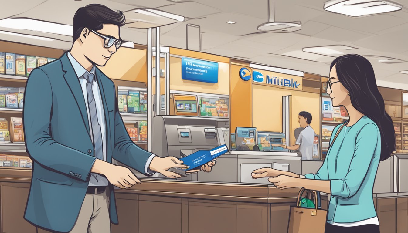 A traveler swiping a Citibank PremierMiles card at a foreign merchant, with a sign indicating the absence of foreign transaction fees in Singapore