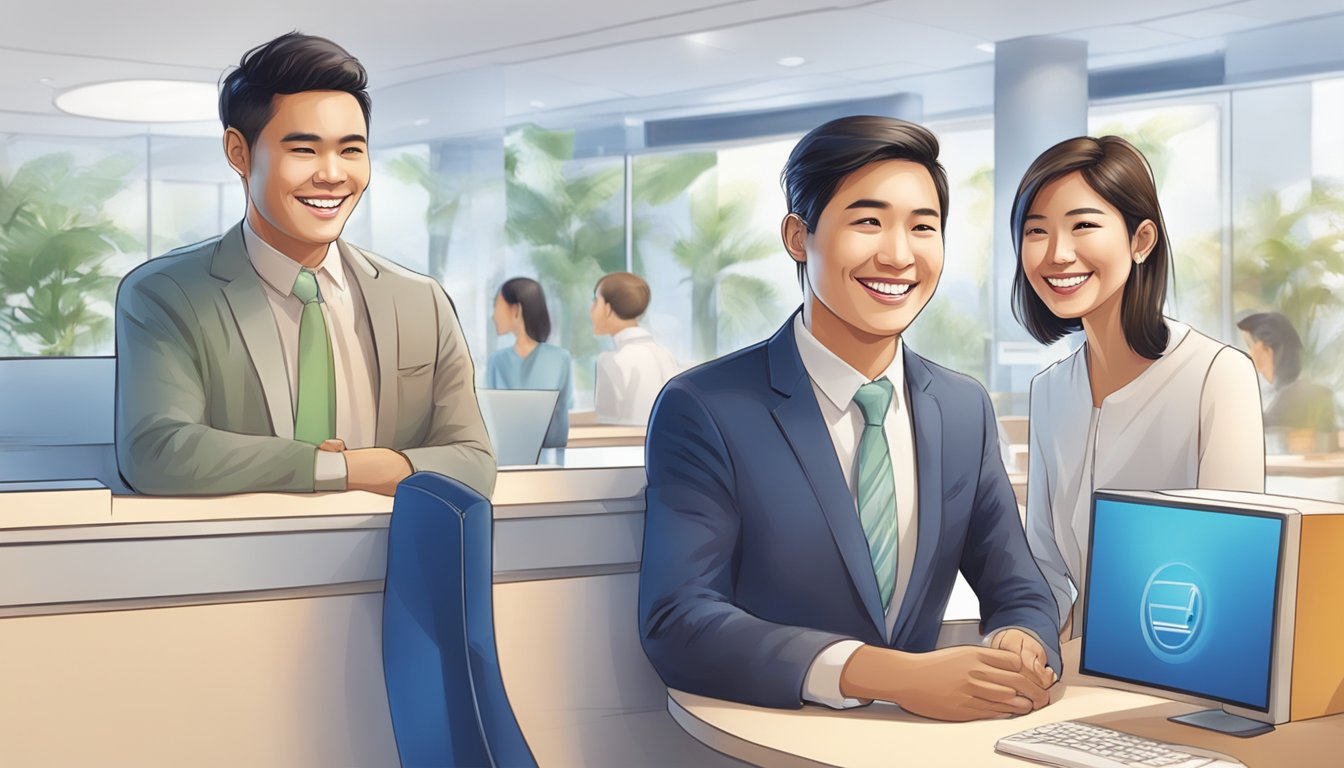 A smiling couple at a Citibank PremierMiles foreign transaction fee counter in Singapore, receiving additional benefits and services with a friendly bank teller