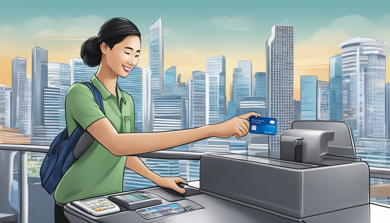 A traveler swiping a Citibank PremierMiles card at a foreign transaction terminal in Singapore, with the iconic city skyline in the background