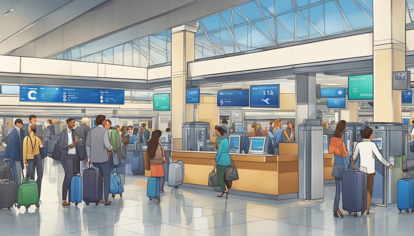 A busy airport terminal with a Citibank PremierMiles sign, travelers, and currency exchange booths. The scene depicts foreign transactions and travel