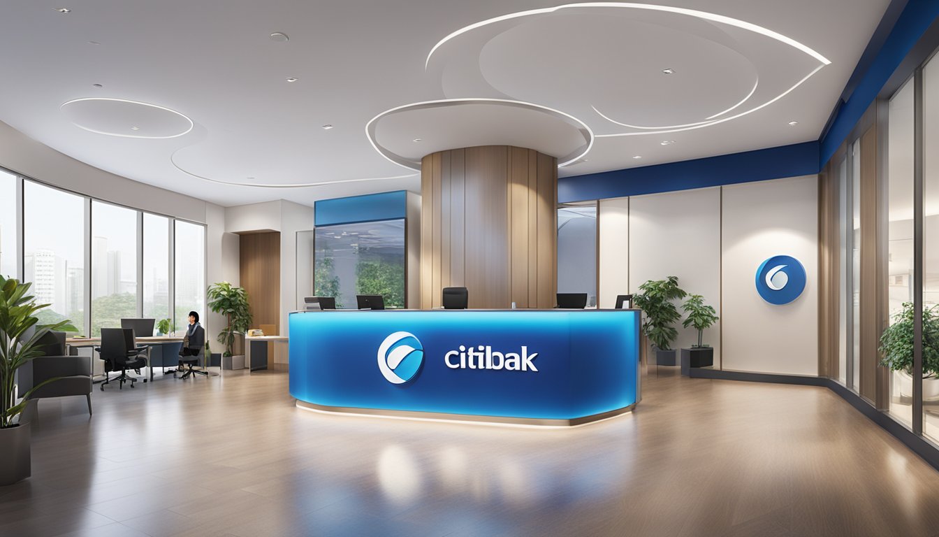 A sleek and modern Citibank PremierMiles insurance office in Singapore, with a prominent logo and a vibrant, professional atmosphere