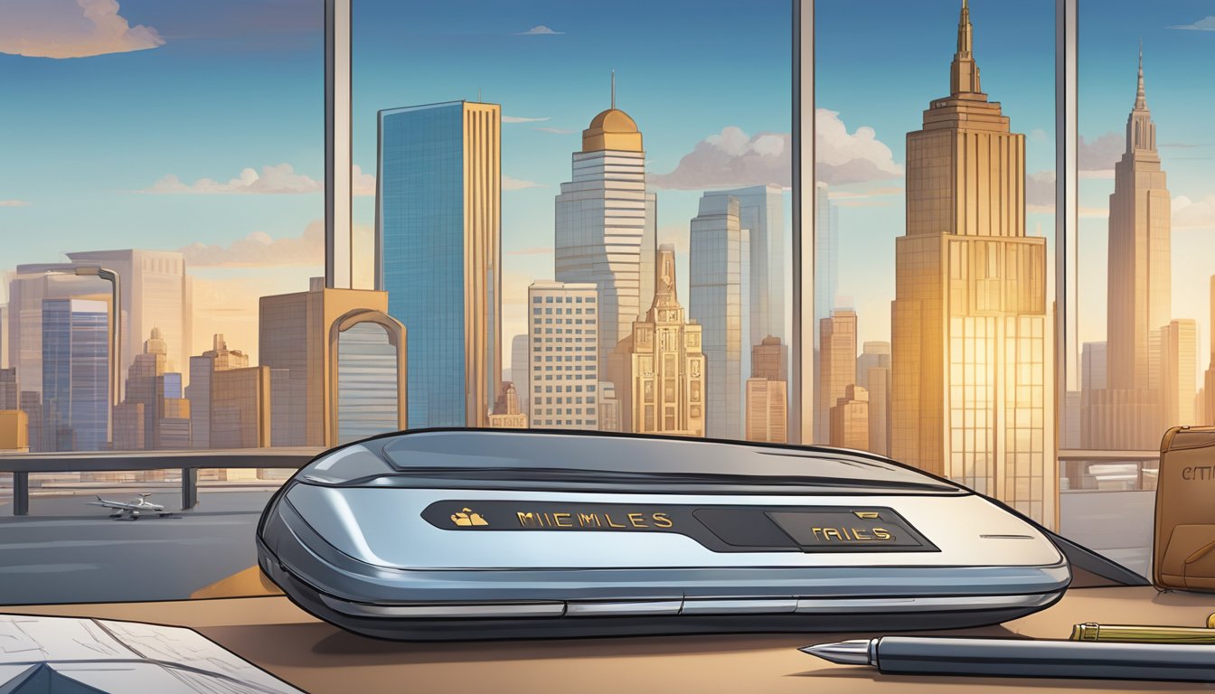 A sleek, metallic Citi PremierMiles card sits on a clean, modern desk with a city skyline in the background. The card is surrounded by travel essentials such as a passport, plane tickets, and a suitcase