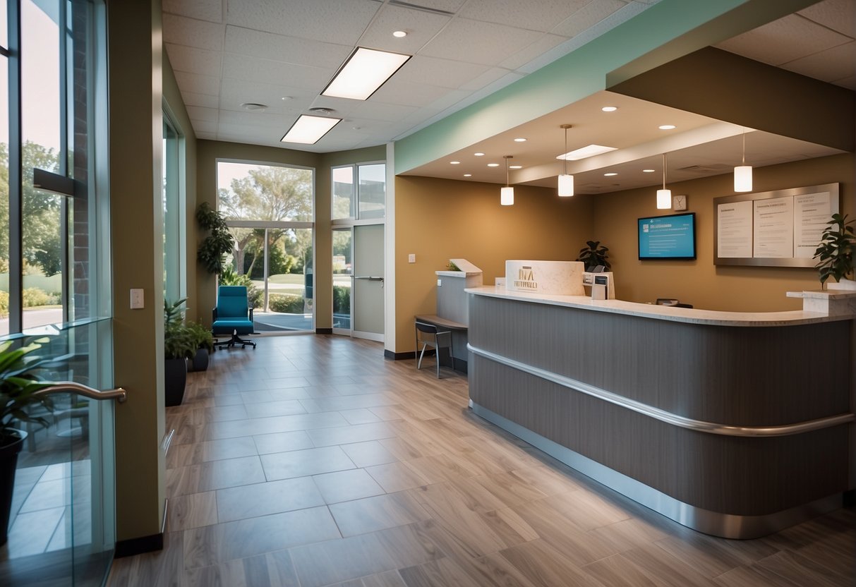 A dental office with a welcoming exterior, a mailbox overflowing with direct mail marketing materials, and a reception area with patients waiting
