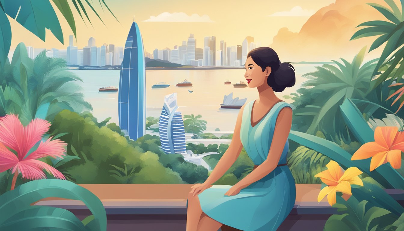 A woman enjoys travel insurance benefits with Citibank PremierMiles in Singapore, surrounded by tropical scenery and iconic landmarks