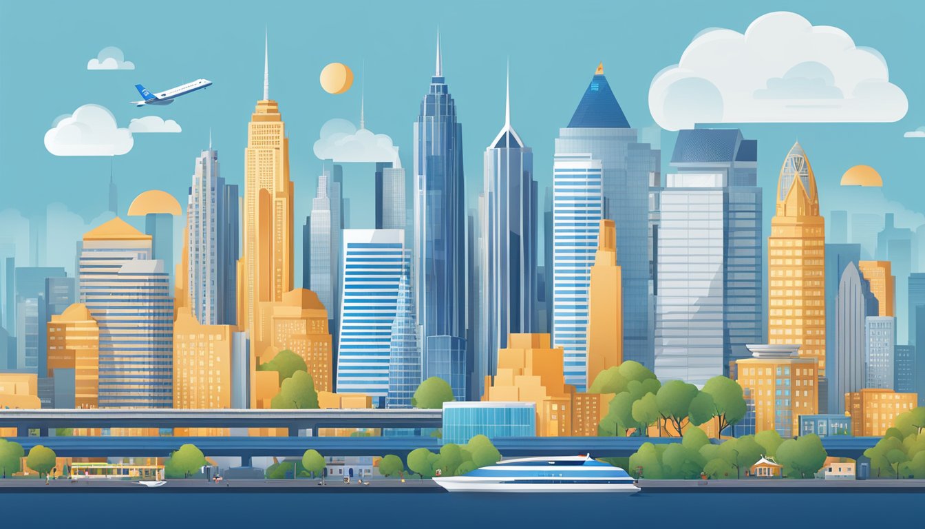 A sleek, modern city skyline with the Citibank logo prominently displayed, surrounded by symbols representing travel, insurance, and financial services