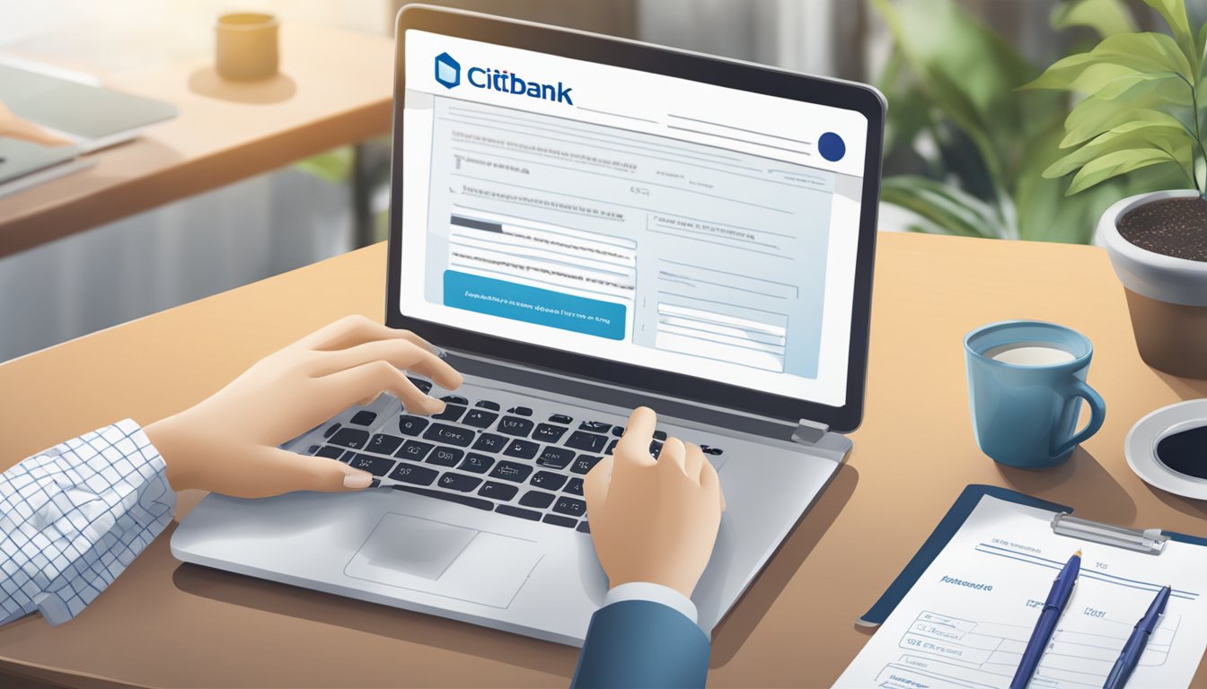 A person filling out an application form for Citibank PremierMiles insurance in Singapore. The form is on a desk with a pen and a laptop nearby