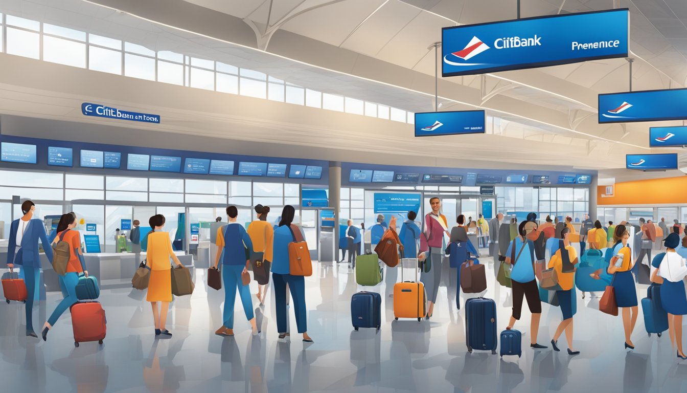 A bustling airport terminal with a prominent Citibank PremierMiles Insurance booth, surrounded by travelers and luggage. Signs and banners advertise the insurance benefits