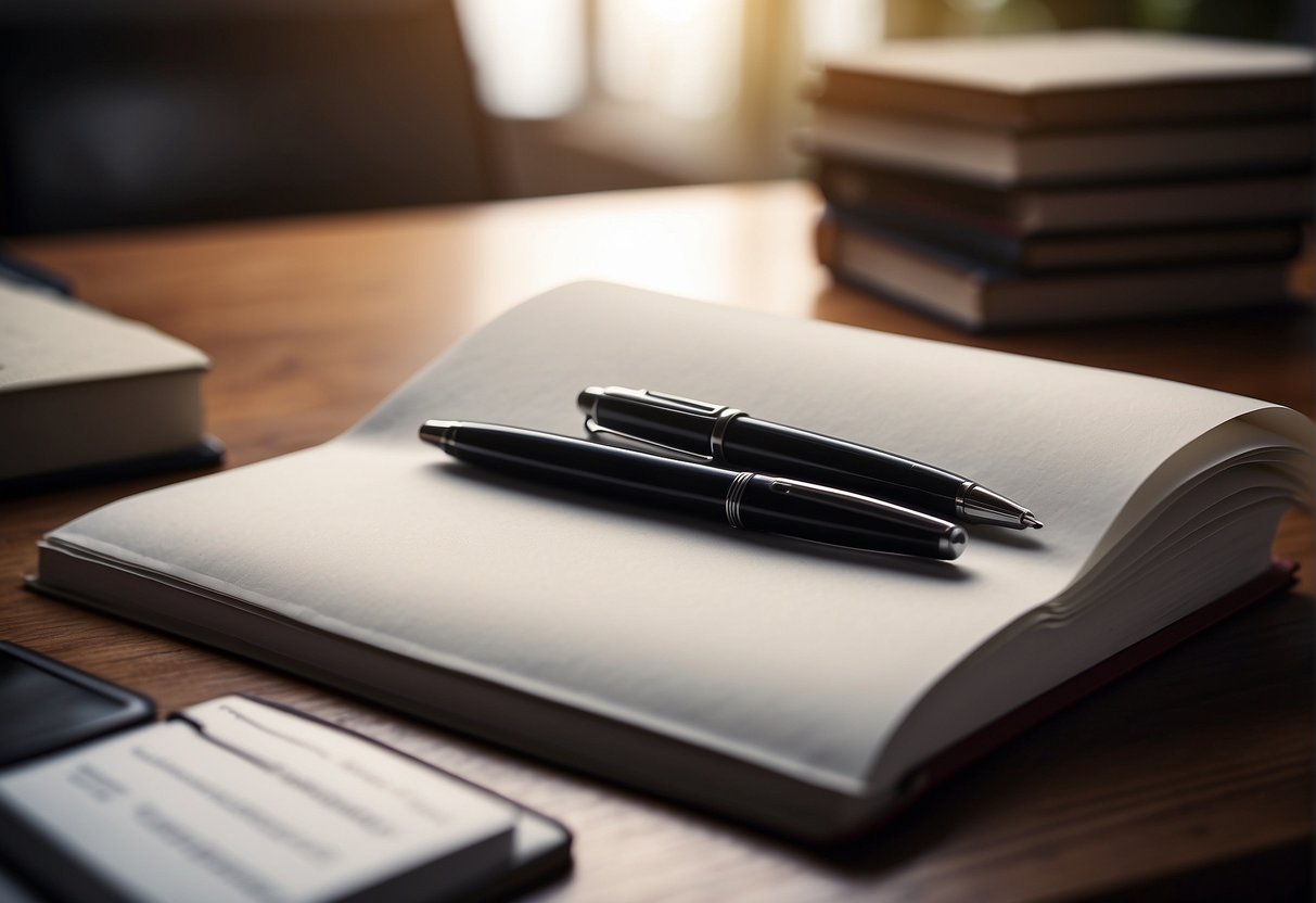 A blank sheet of paper with a pen resting on top, surrounded by books and a laptop, symbolizing the process of crafting a leadership statement