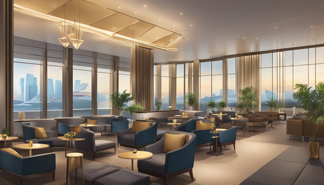 The Citibank PremierMiles Card offers access to exclusive airport lounges in Singapore. The scene includes a luxurious lounge with comfortable seating, modern decor, and travelers enjoying complimentary amenities