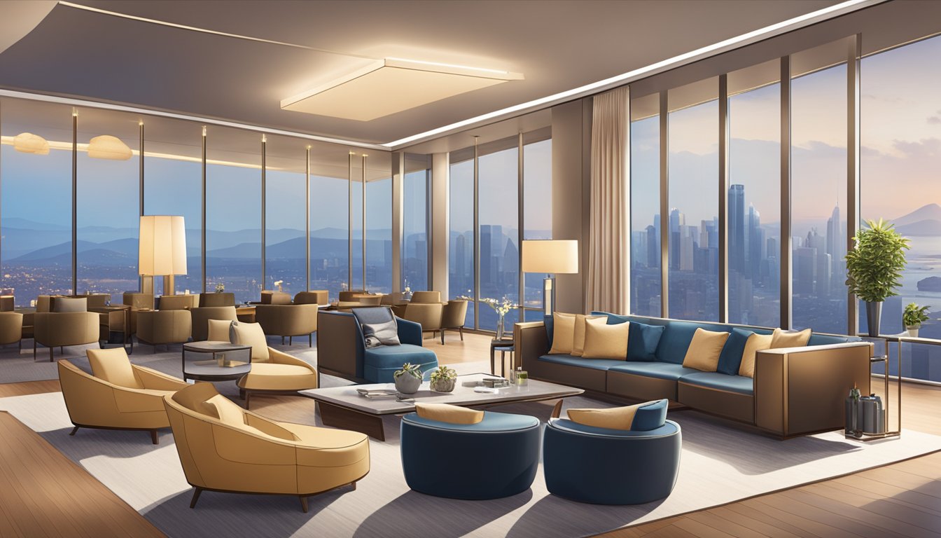 Guests enjoying luxurious amenities in a modern lounge with panoramic city views and sleek decor. A Citibank PremierMiles card is prominently displayed