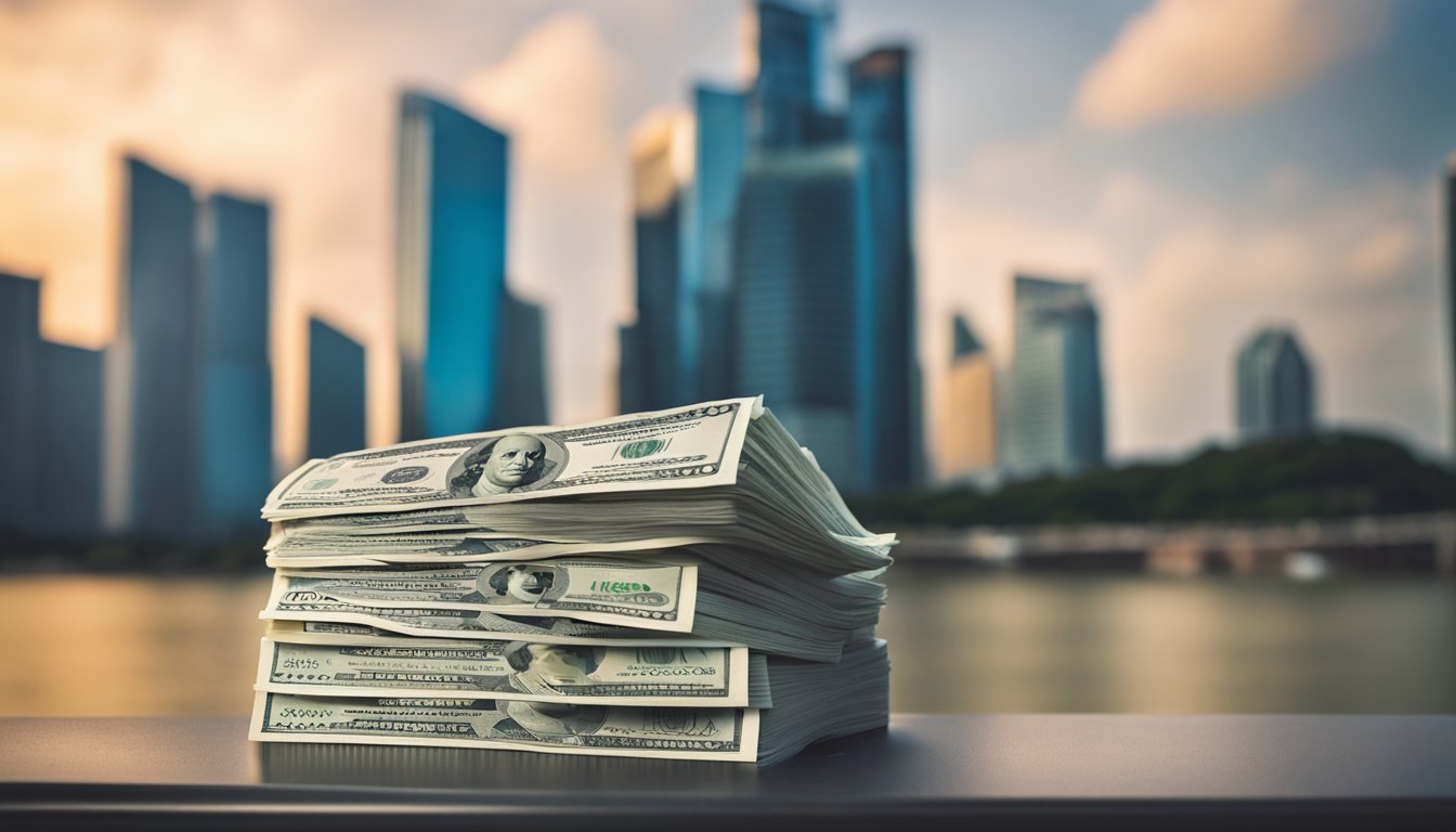 A stack of cash with a dollar sign on it, surrounded by various loan documents and repayment schedules, set against the backdrop of the Singapore skyline