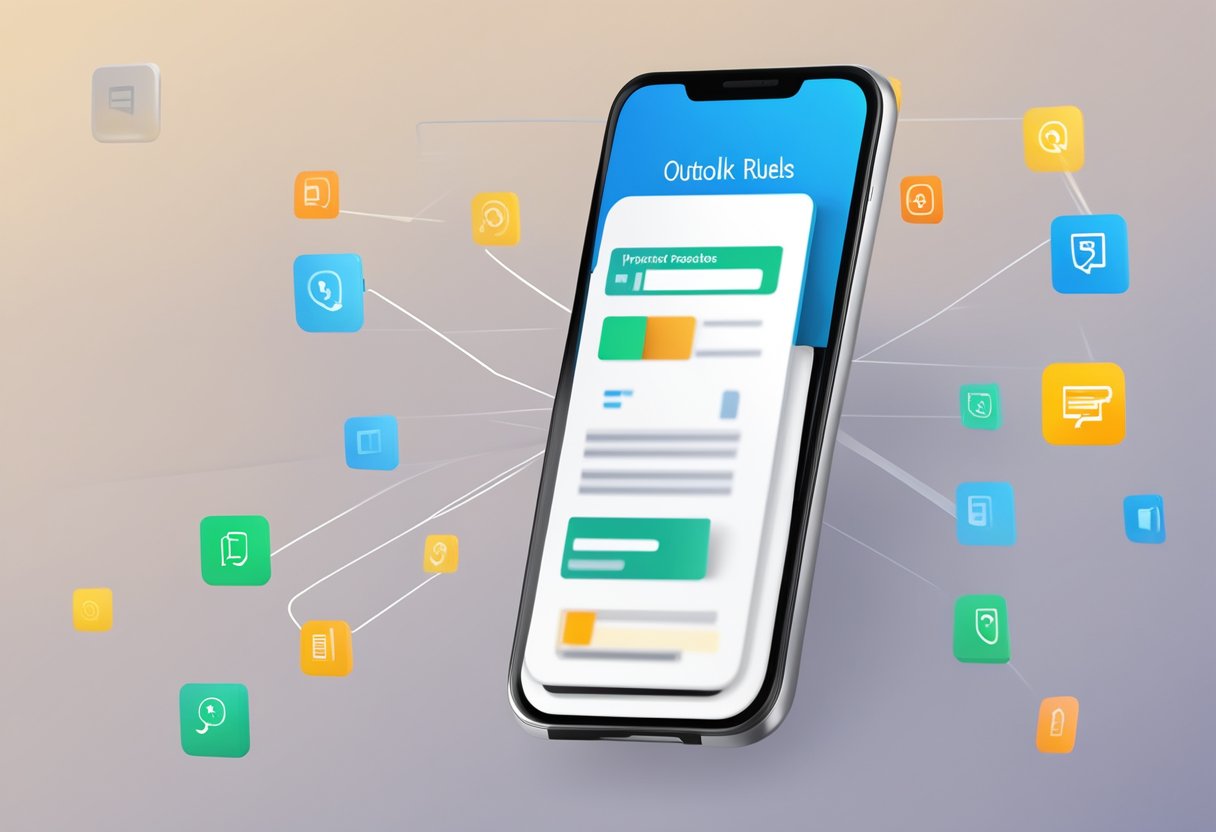 Outlook Rules icon glowing on a smartphone screen. Error message pops up, then disappears as rules are fixed