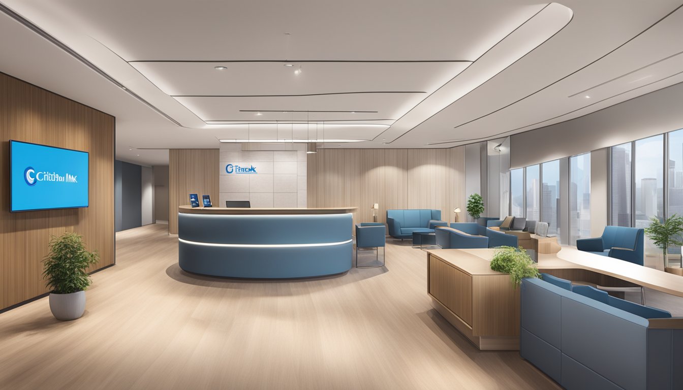 A spacious, modern lounge with comfortable seating, sleek design, and a welcoming atmosphere. A reception desk and signage indicating Citibank PremierMiles access