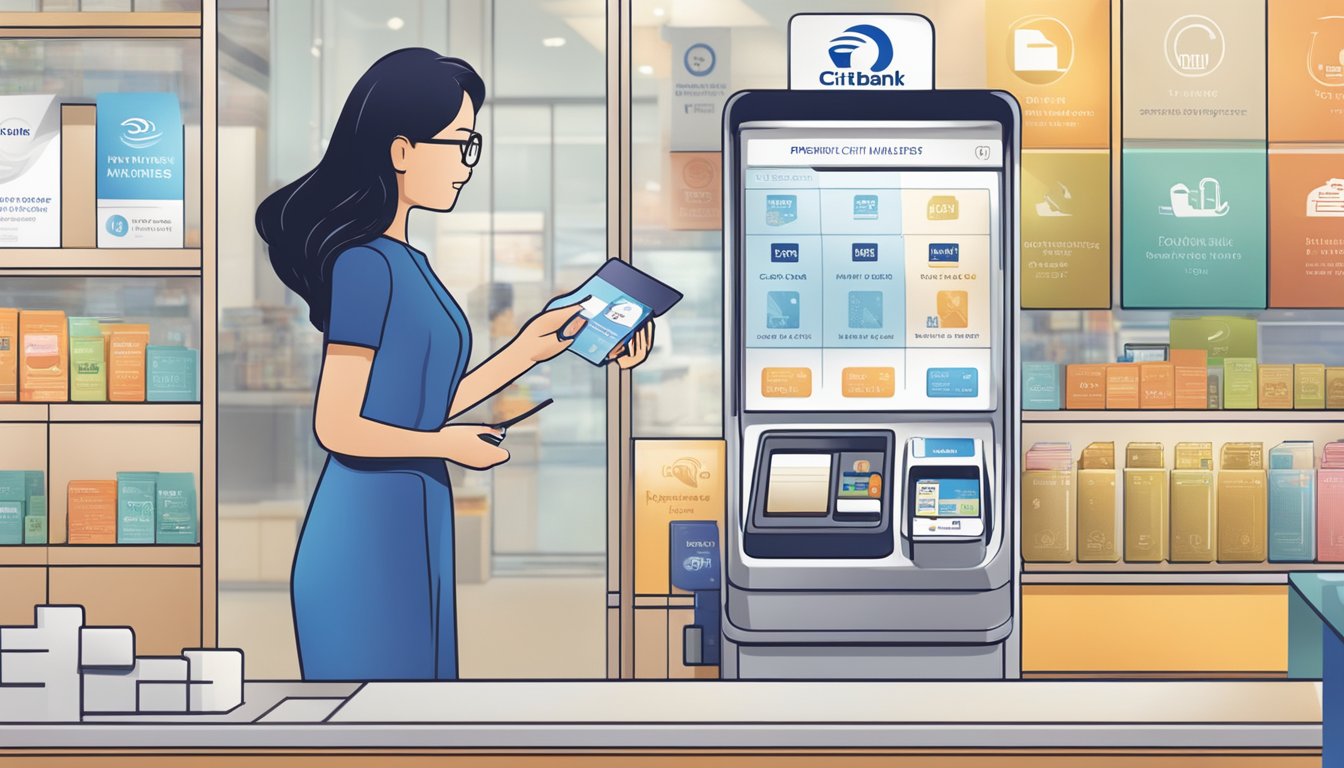 A person swiping a Citibank PremierMiles card at a Singapore store, with various benefits and rewards displayed in the background