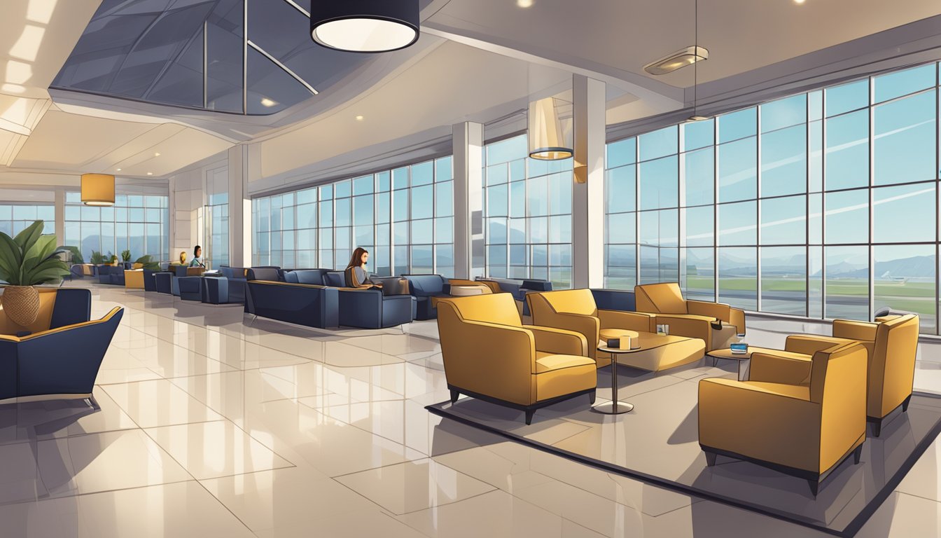 A sleek airport lounge with comfortable seating, modern decor, and a view of the runway. A sign prominently displays "Priority Pass Membership Benefits."
