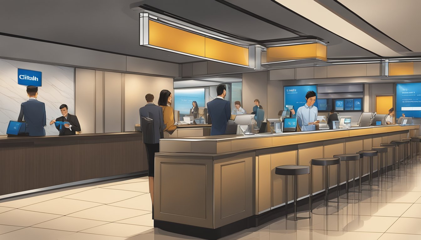 A person swipes a Citibank PremierMiles card to access a Priority Pass lounge in Singapore. The card is prominently displayed, and the lounge is modern and luxurious