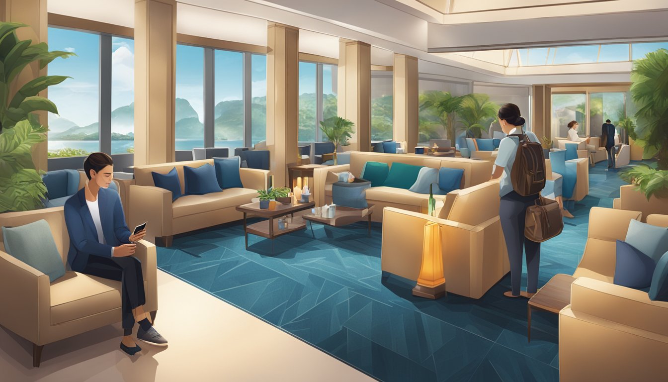 A traveler holding a Citibank PremierMiles card, accessing a Priority Pass lounge in Singapore, with a luxurious and comfortable atmosphere