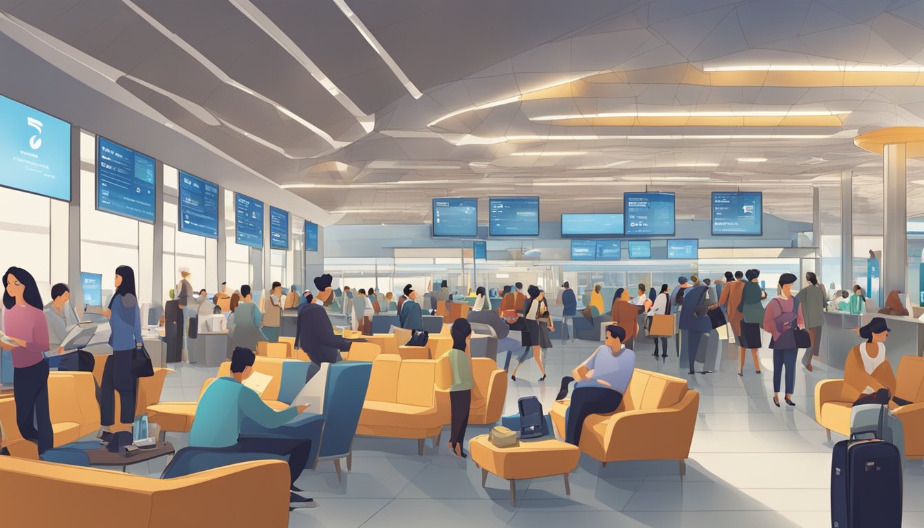 A crowded airport lounge with people using Priority Pass. Signs for Citibank PremierMiles and Singapore are visible