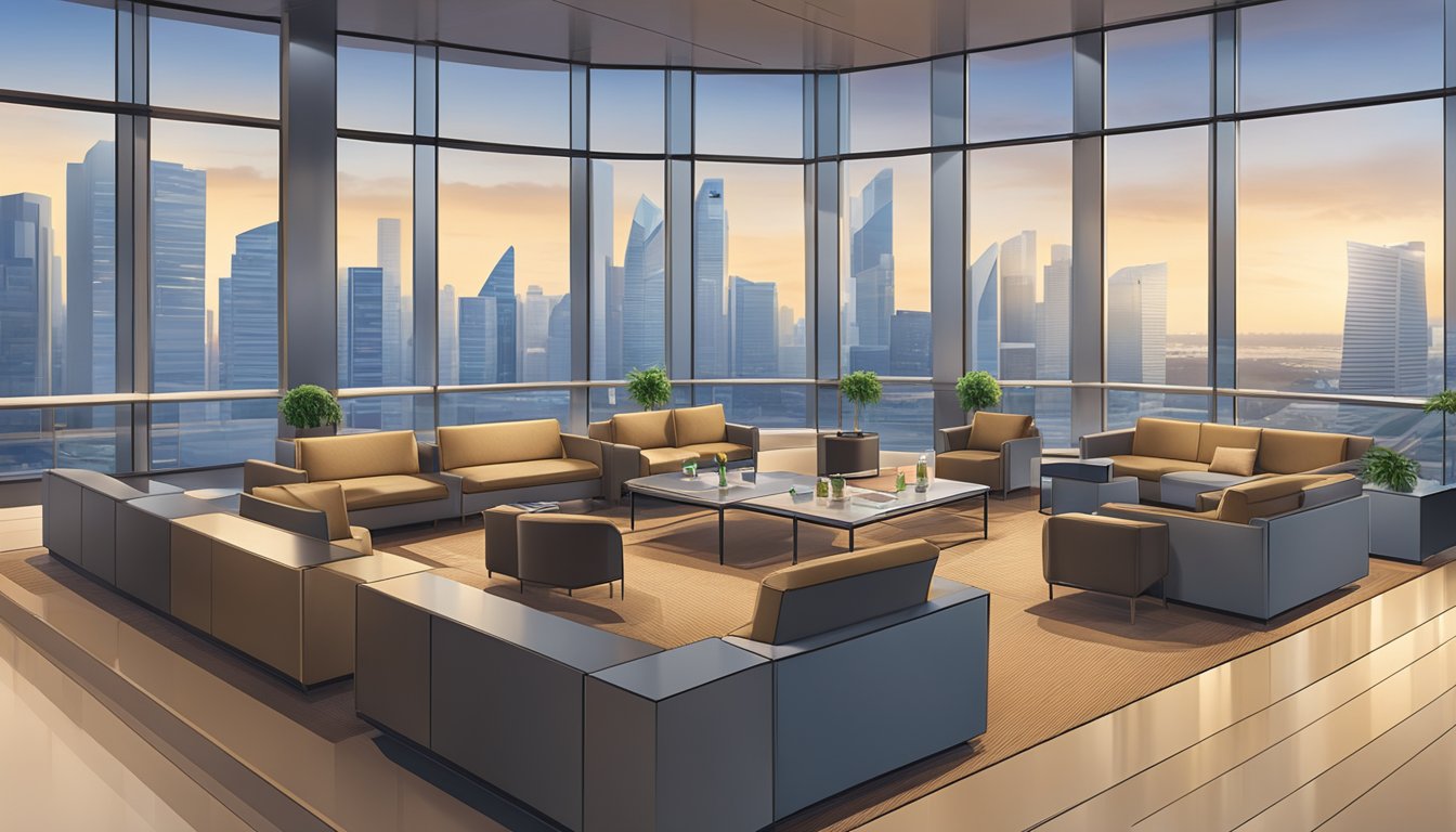 A Citibank PremierMiles cardholder redeeming rewards in a modern Singapore airport lounge with a view of the city skyline