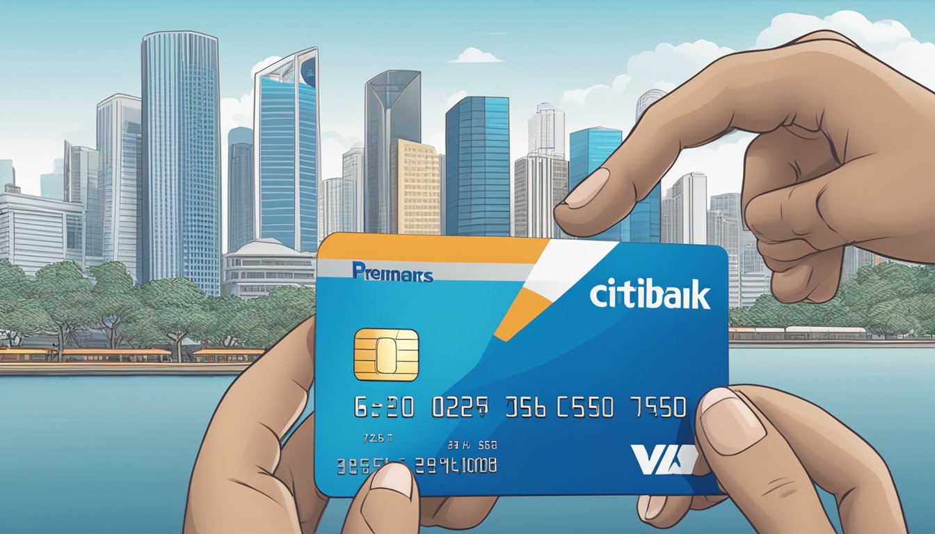 A Citibank PremierMiles card is swiped at a Singaporean merchant, with the iconic city skyline in the background