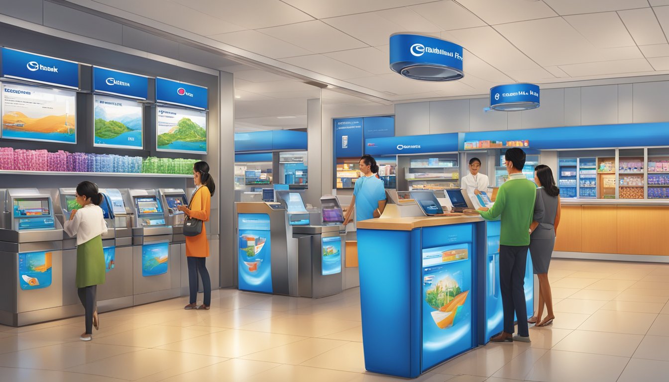 Citibank PremierMiles redemption scene: A vibrant display of various redemption options, from travel to merchandise, at a Citibank branch in Singapore