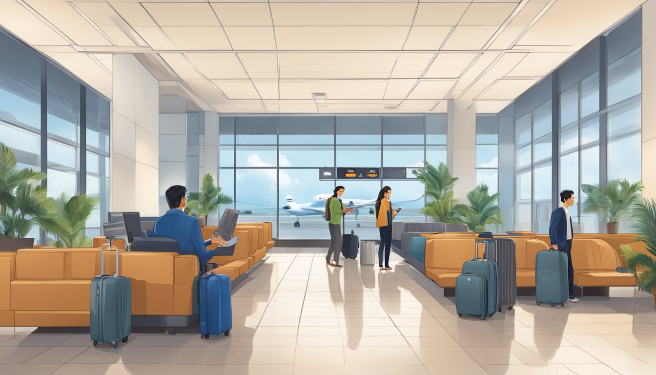 A traveler at the airport lounge, using their Citibank PremierMiles card to redeem perks and protections while waiting for their flight to Singapore