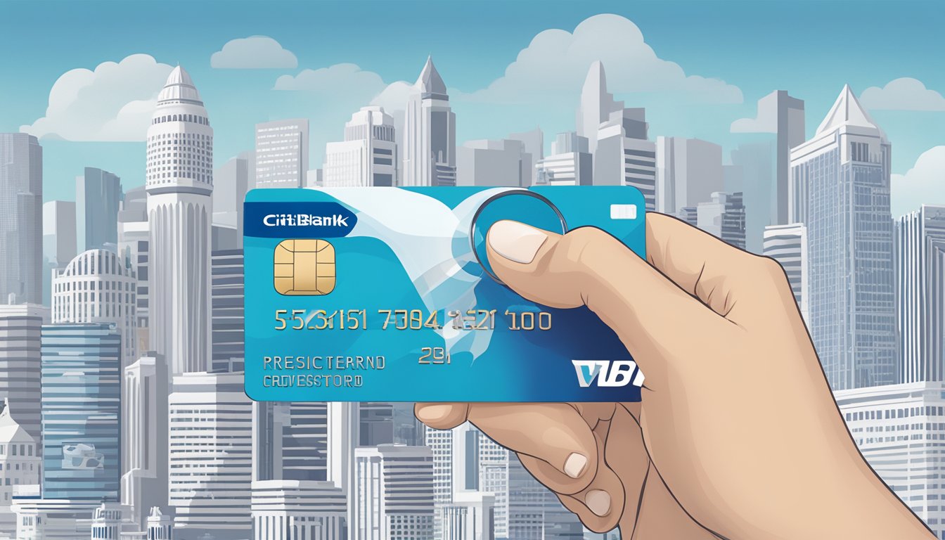 A hand holding a Citibank PremierMiles credit card, with a magnifying glass hovering over the fine print. The card is against a backdrop of iconic Singapore landmarks